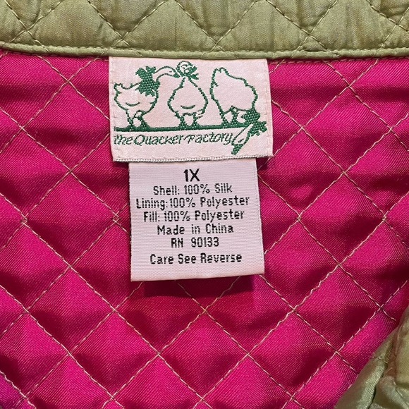 The Quacker Factory Quilted Jacket 1X Green/Pink 100% Silk Zip Embellished Coat - Picture 7 of 12